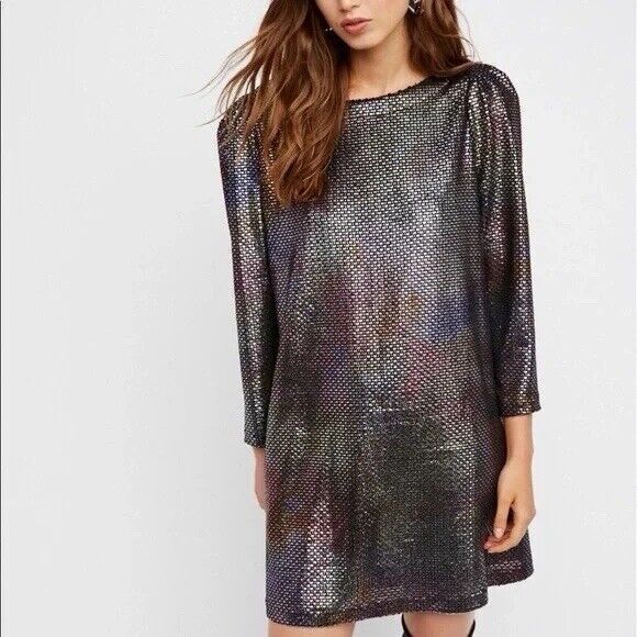 Free People Diamonds Are Forever Irridescent Metallic Puff Sleeve Mini Dress S - Picture 1 of 15